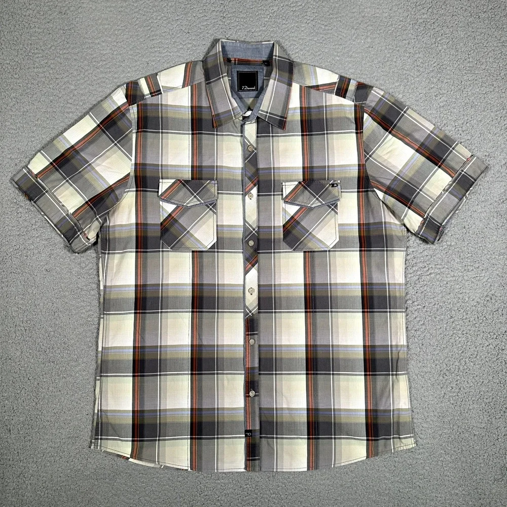 7 Diamonds Shirt Mens XL Plaid Casual Preppy Button Up Double Pocket Logo Cotton